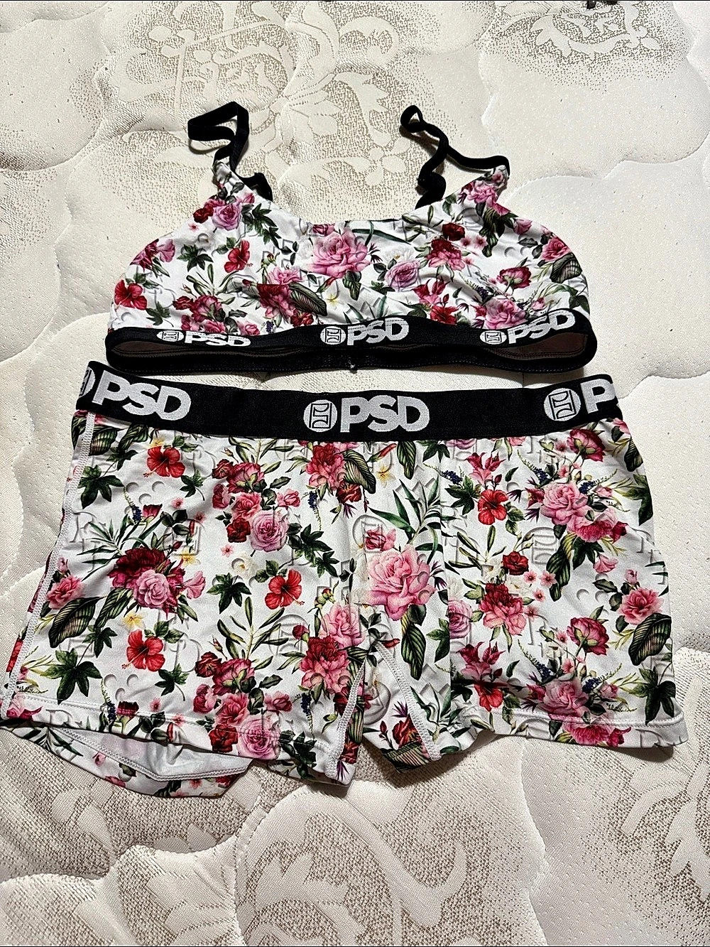 PSD Women's Floral Sports Bra and Boy Short Set Floral Bikini Set White & Pink